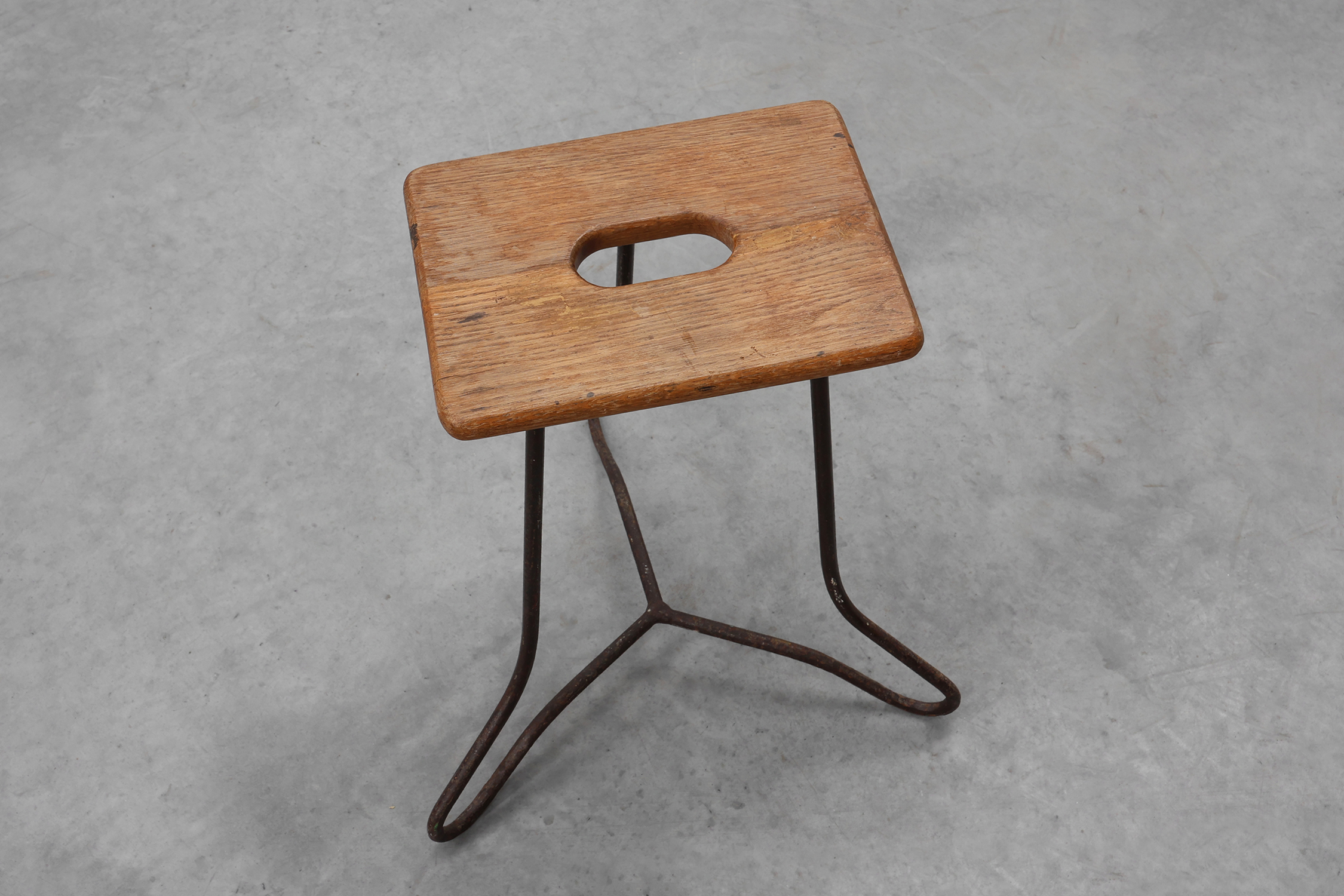 Modernist Industrial Iron and Oak Split Slats Stool, France ca. 1910thumbnail